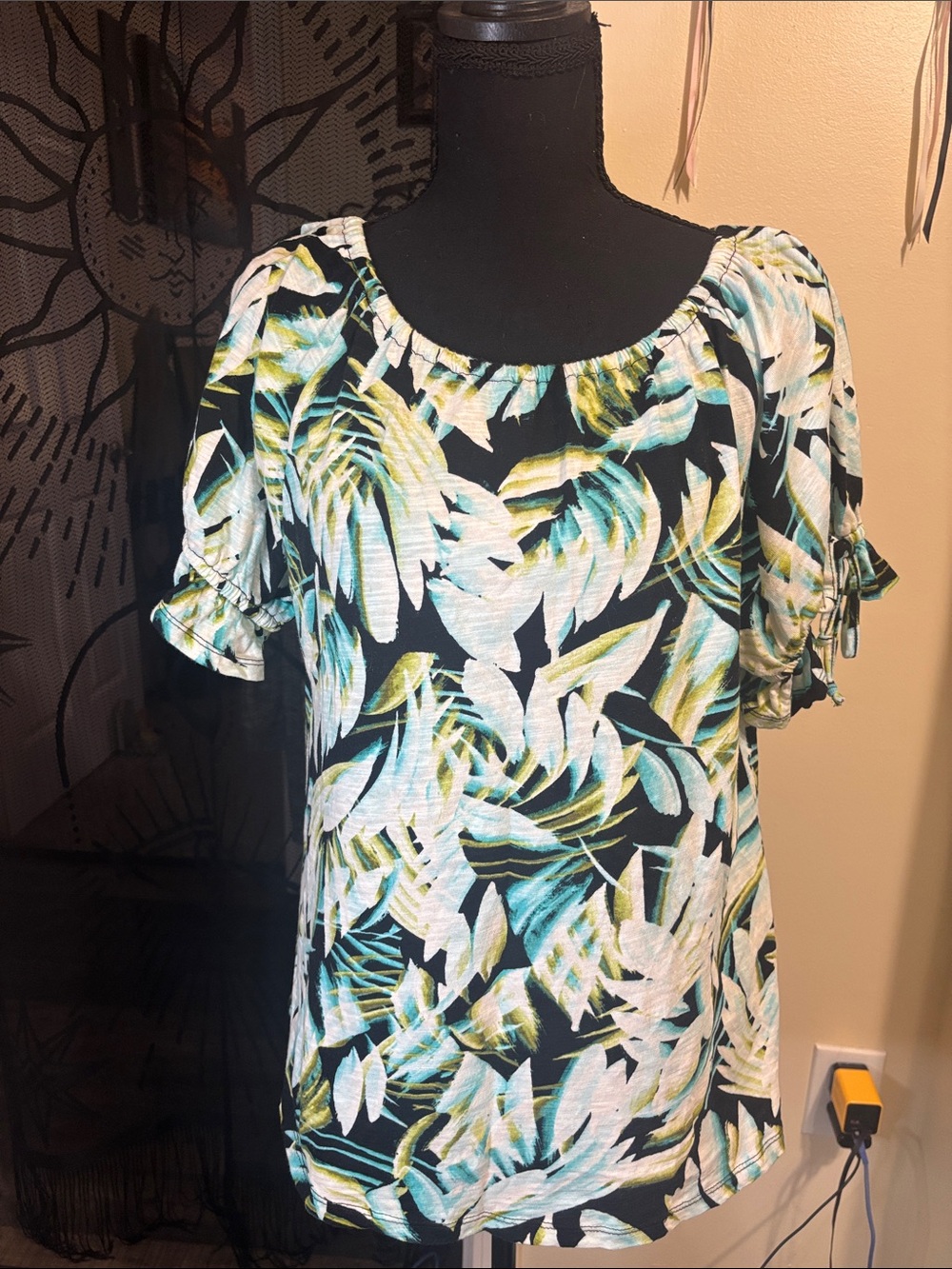 Christopher & Banks Black Tropical Leaf Scoop Neck Top